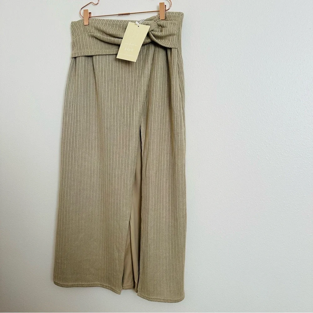 NWT SABO Nina Boho Knot-Front Ribbed Knit Hight Waisted Beige Split Maxi Skirt - Picture 9 of 14